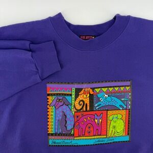 Laurel Burch Vintage Purple Sweatshirt Crewneck Dog Art Print Graphic Sweatshirt
